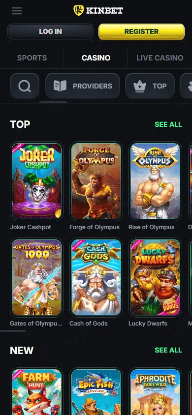 Kinbet Casino games page on a mobile device