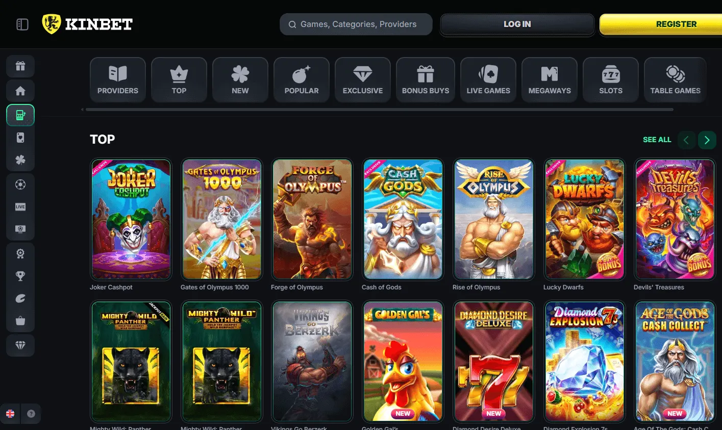 Kinbet Casino games page on desktop