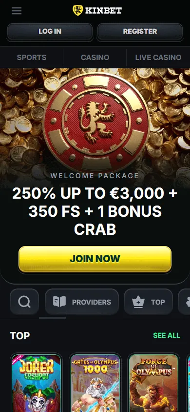Kinbet Casino home page on a mobile device