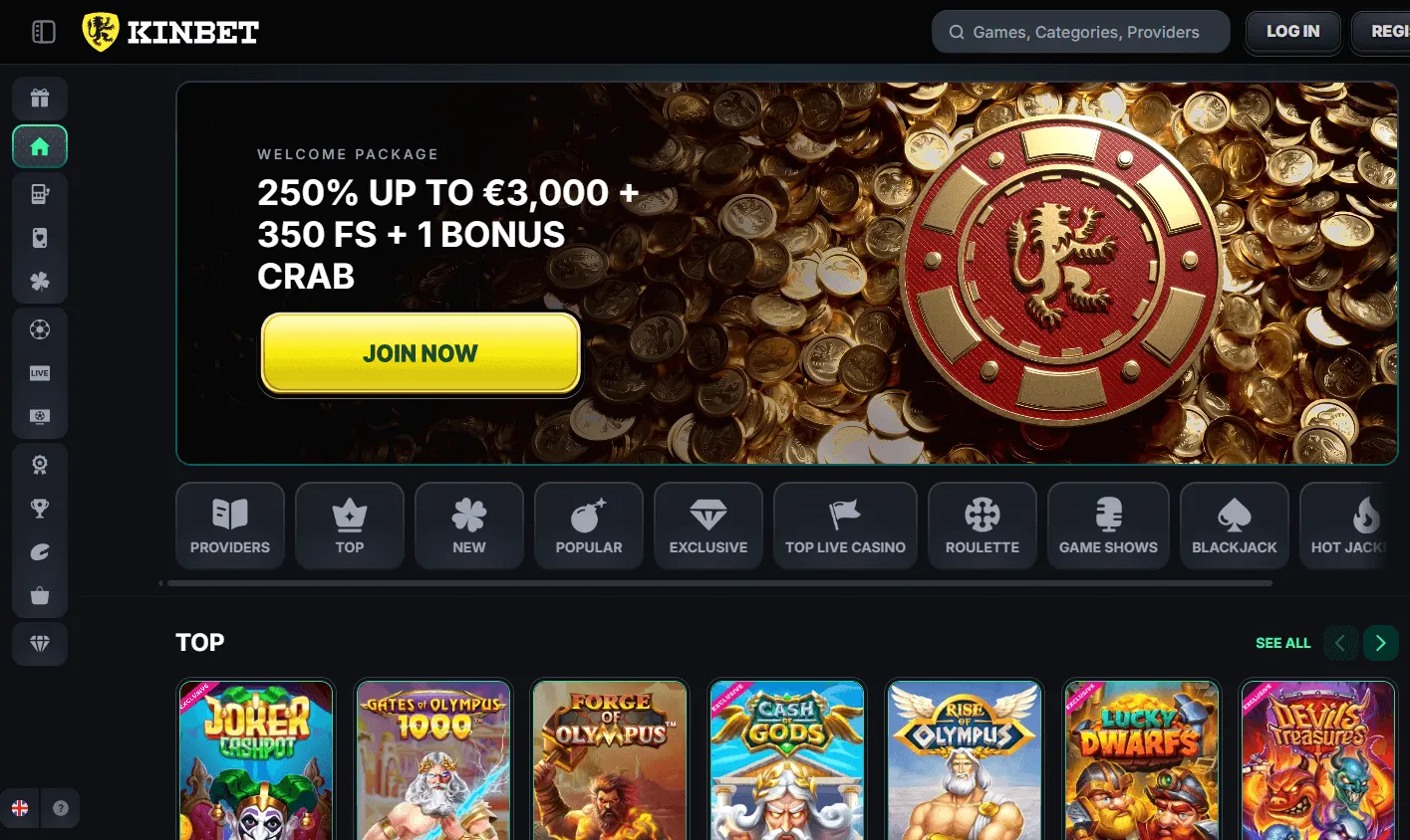 Kinbet Casino home page on desktop