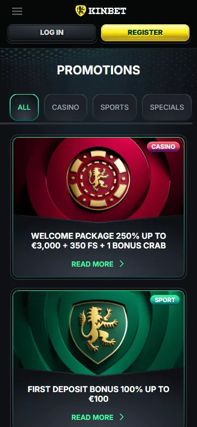 Kinbet Casino promotions page on a mobile device