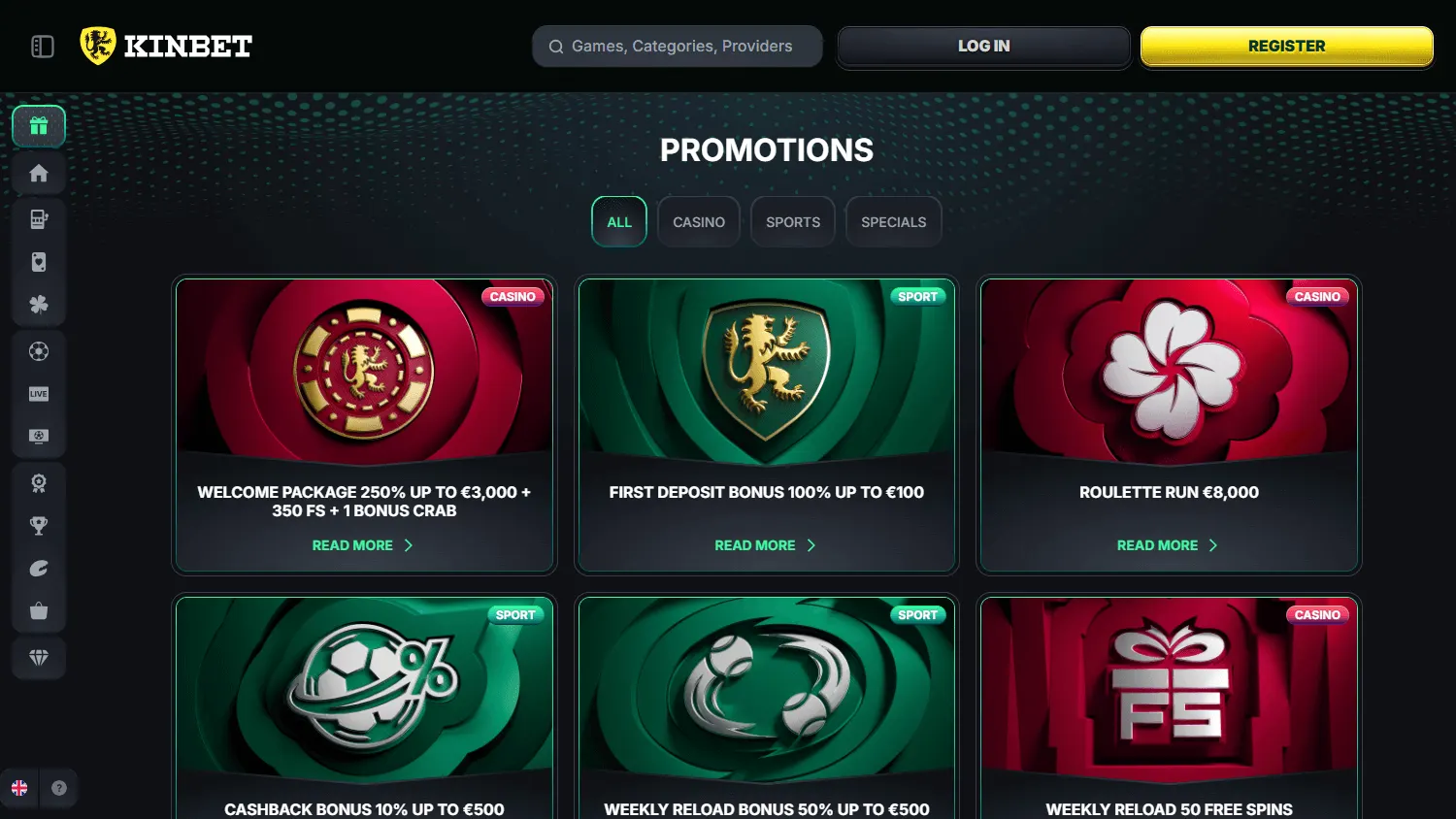 Kinbet Casino promotions page on desktop